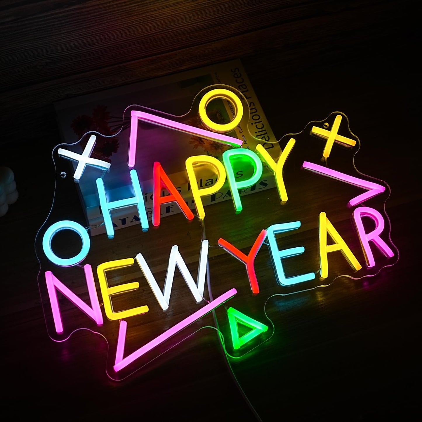 Happy New Year Neon Sign Exquisite And Beautiful New Year LED Light Up Sign for Decor Dimmable USB Powered New Year Neon Light Sign for New Year Celebrate Party Home Room Business Wall Decor (16.5*12.6 In Multicolored)