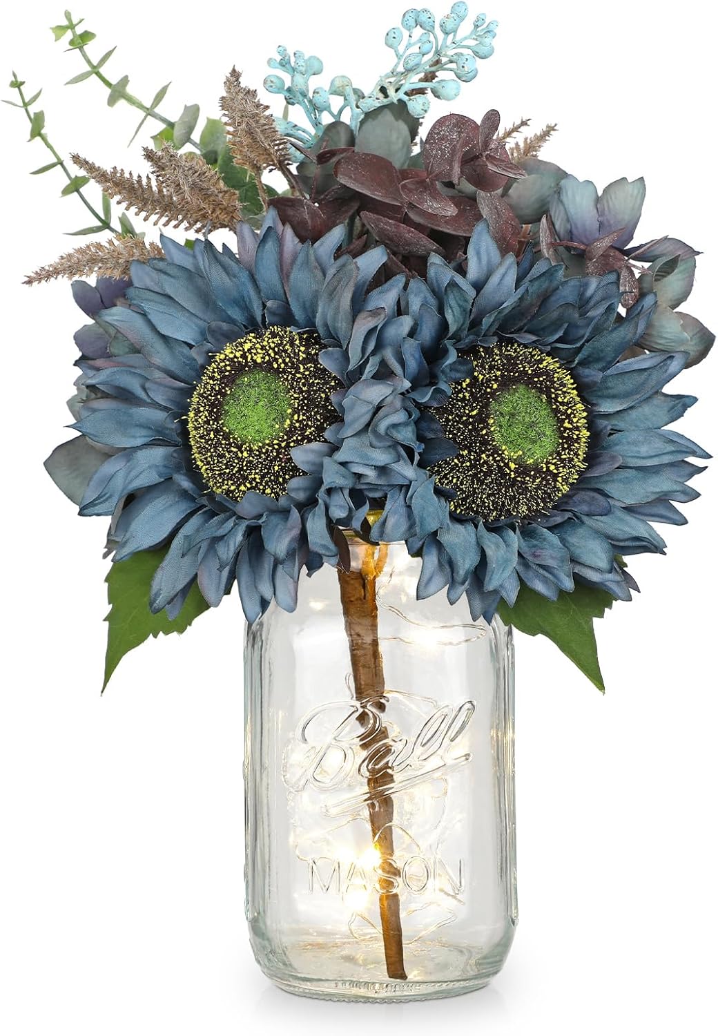 Silk Sunflowers Artificial Flowers with Mason Jar Centerpiece for Table Blue Fall Flowers in Vase Small Fall Floral Arrangement with Vase Thanksgiving Centerpiece for Dining Room Table Autumn Decor