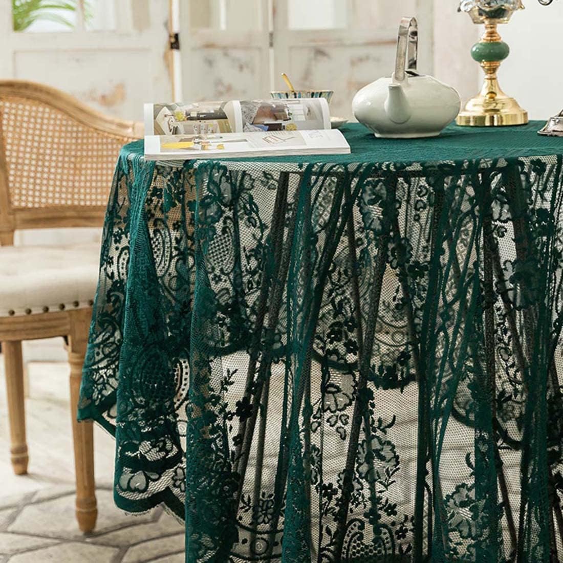 Vintage 60 inch Green Lace Tablecloth Floral Embroidered Boho Shabby Chic Small Table Cover for Wedding Halloween Party Dinning Holiday, 1 Piece