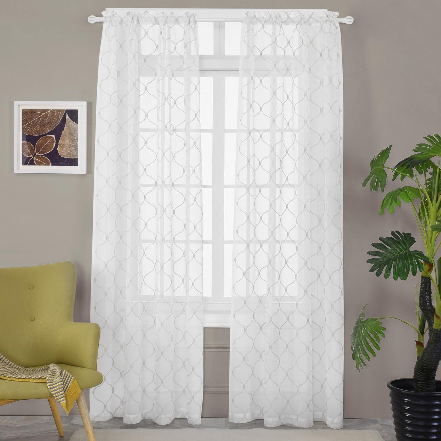 MYSTIC-HOME Embroidery White Sheer Curtains 84 Inches Long, Rod Pocket Sheer Drapes for Living Room, Bedroom, 2 Panels, 52"x84", Semi Crinkle Voile Window Treatments for Yard, Patio, Villa, Parlor.
