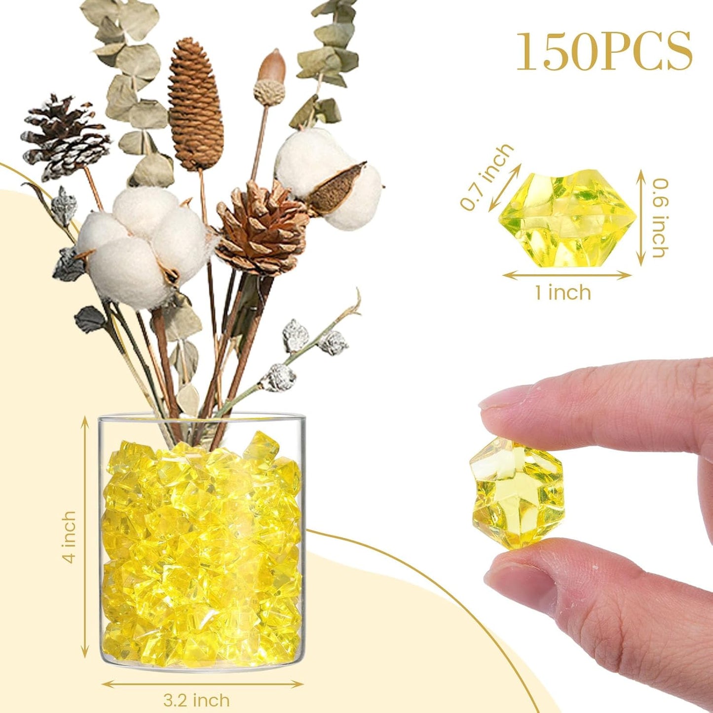 DomeStar Yellow Fake Ice Rocks, 150PCS Acrylic Gems Crystals Plastic Diamonds Fake Ice Cubes for Vase Fillers DIY Craft Wedding Photography Prop Display Table Scatter Home Amalfi Coast Decorations