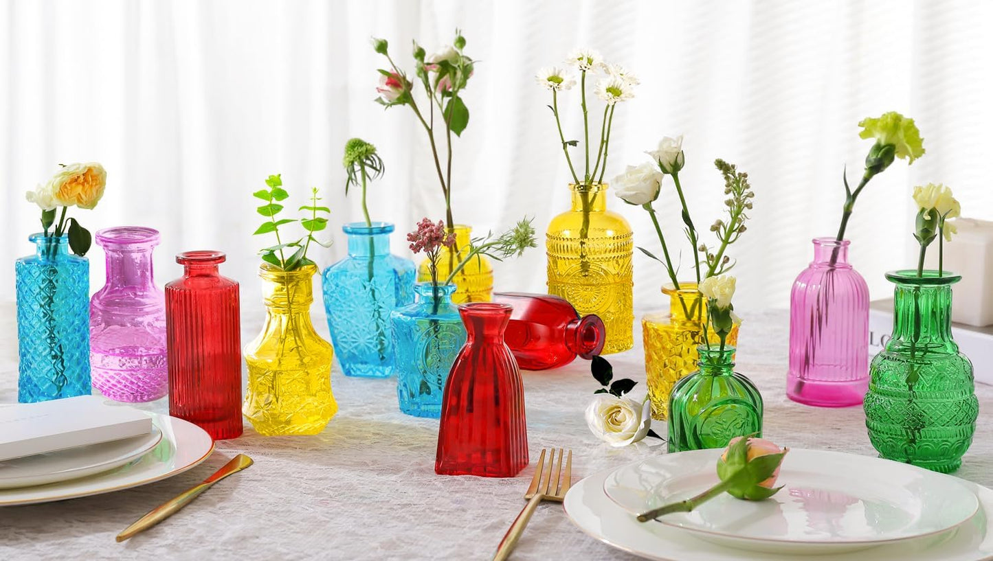 Colored Glass Bud Vases Set of 24, Vintage Small Vases for Flowers, Crystal Mini Glasses in Bulk, Small Flower Design for Centerpieces Wedding Decorations Home Flower Party Decor