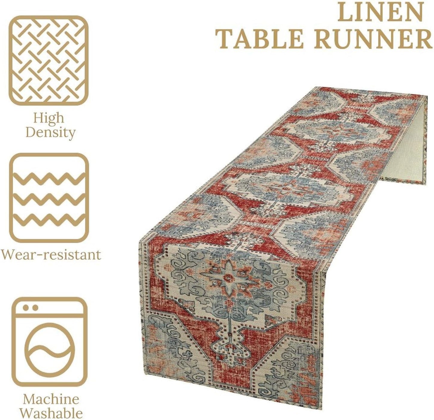 Boho Floral Vintage Table Runner, Retro Blue Red Flower Rustic Country Farmhouse Abstract Pattern for Home Kitchen Table Decor Dining Coffee Room Party Decor 13x72in