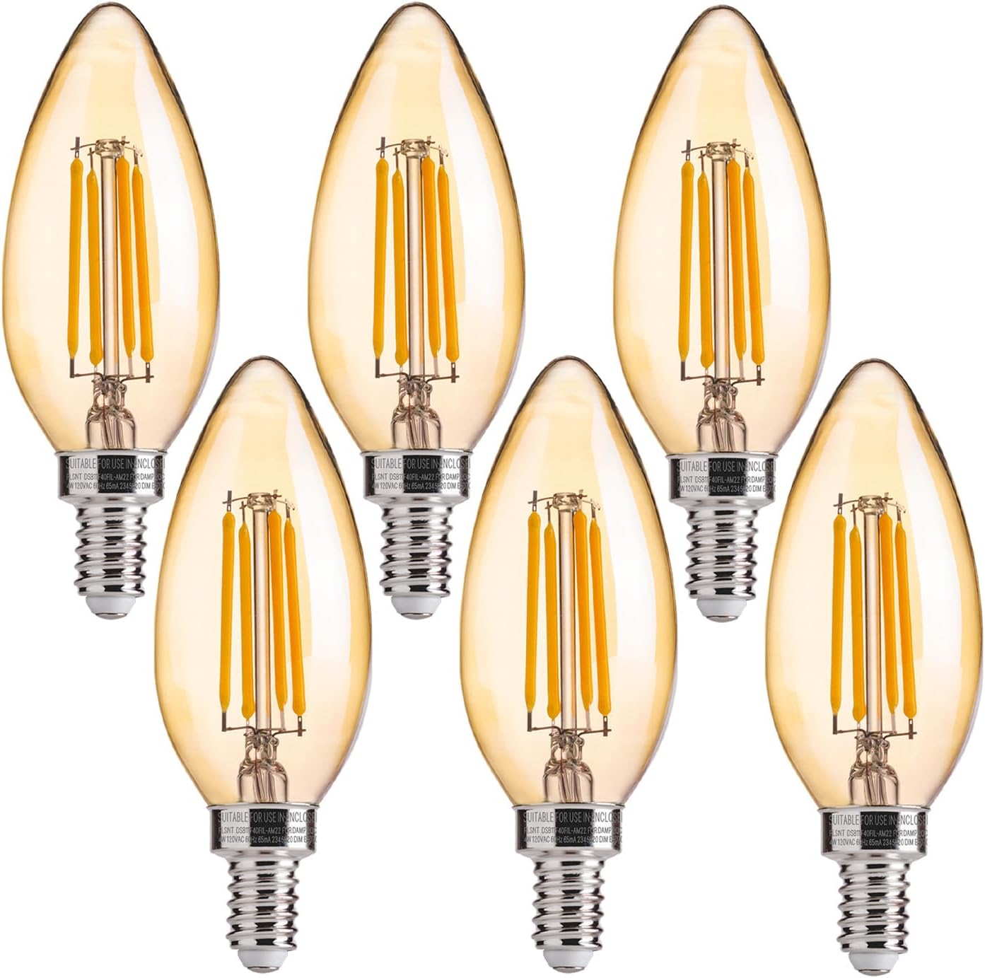 FLSNT 40W Equivalent LED Chandelier Light Bulbs, Dimmable Amber LED B11 E12 Candelabra Base Bulbs, 2200K Warm White, 330LM, 6 Pack UL,CA65 Listed.