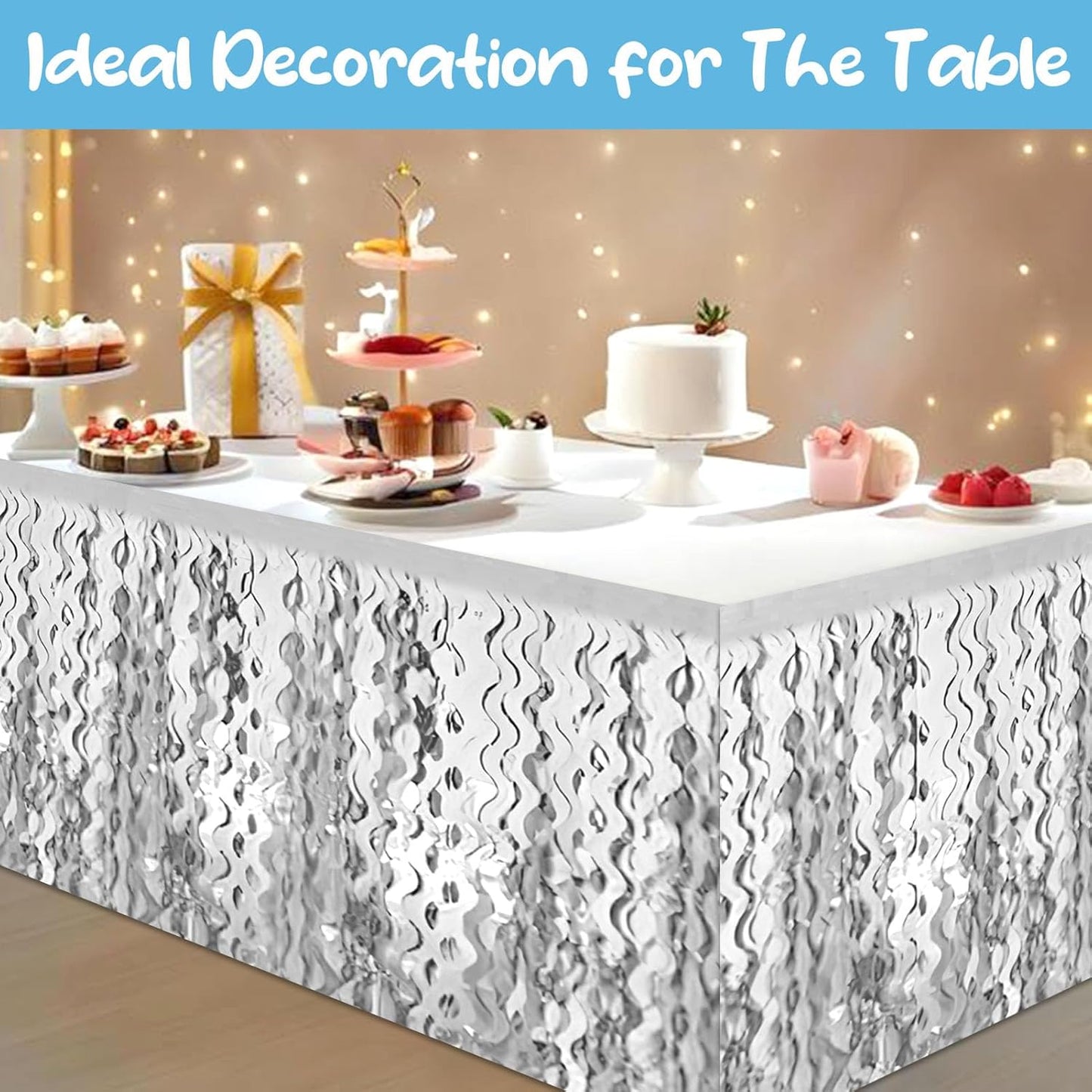 6 Pack 29 x108 Inch Silver Wave Foil Fringe Table Skirts Metallic Banner for Tinsel Streamer Garland Backdrop for Parade Floats, Mother's Day, Easter, Wedding, Birthday Party Decoration