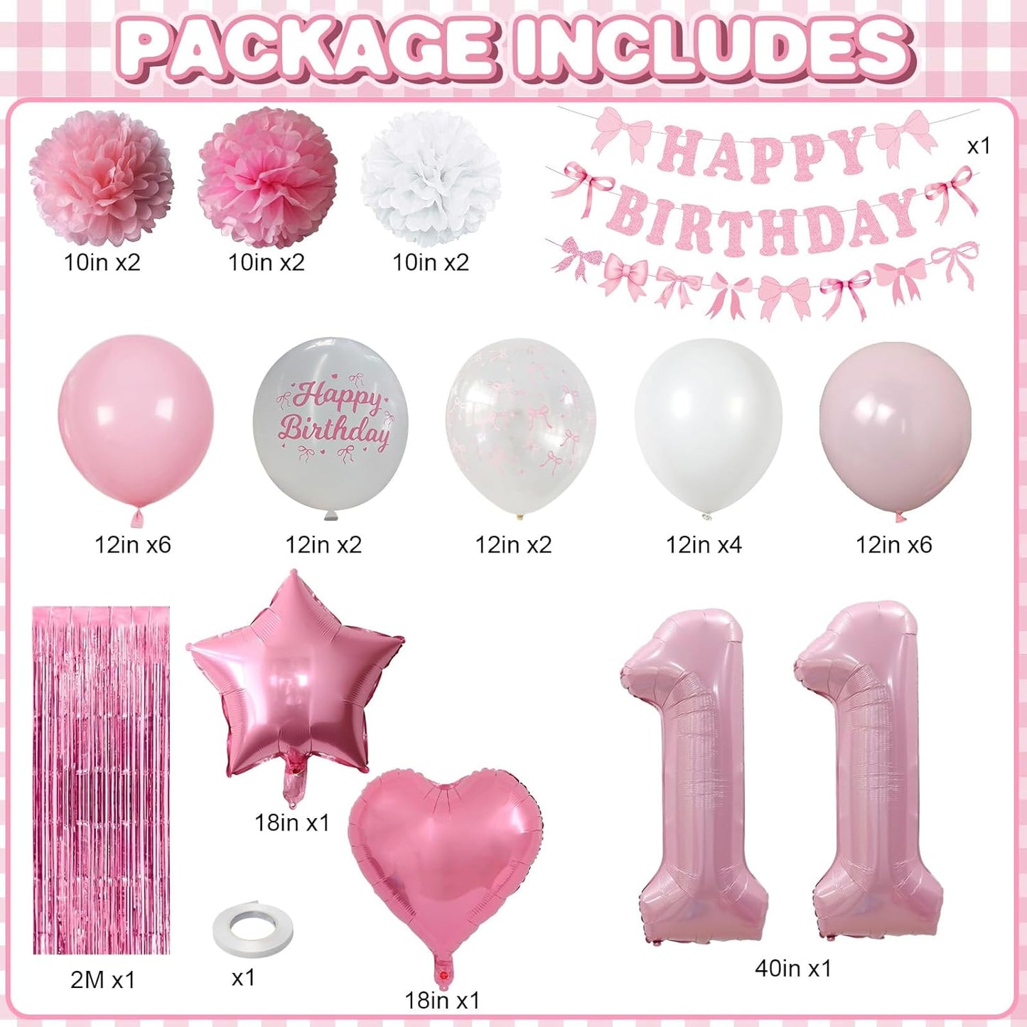11th Birthday Decorations for Girls Pink Number 11 Balloon Bow Coquette Happy Birthday Banner Fringe Curtain Paper Pom Poms Star Heart Foil Pink White Balloons 11 Year Old Party Decor