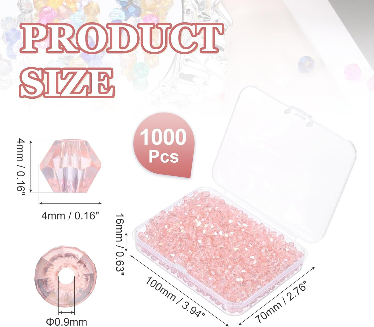 PATIKIL 1000pcs 4mm Bicone Glass Crystal Beads, Faceted Glass Spacer Beads with Box for Jewelry Making Bracelet Necklace Earrings DIY Suncatcher Craft, Pink AB