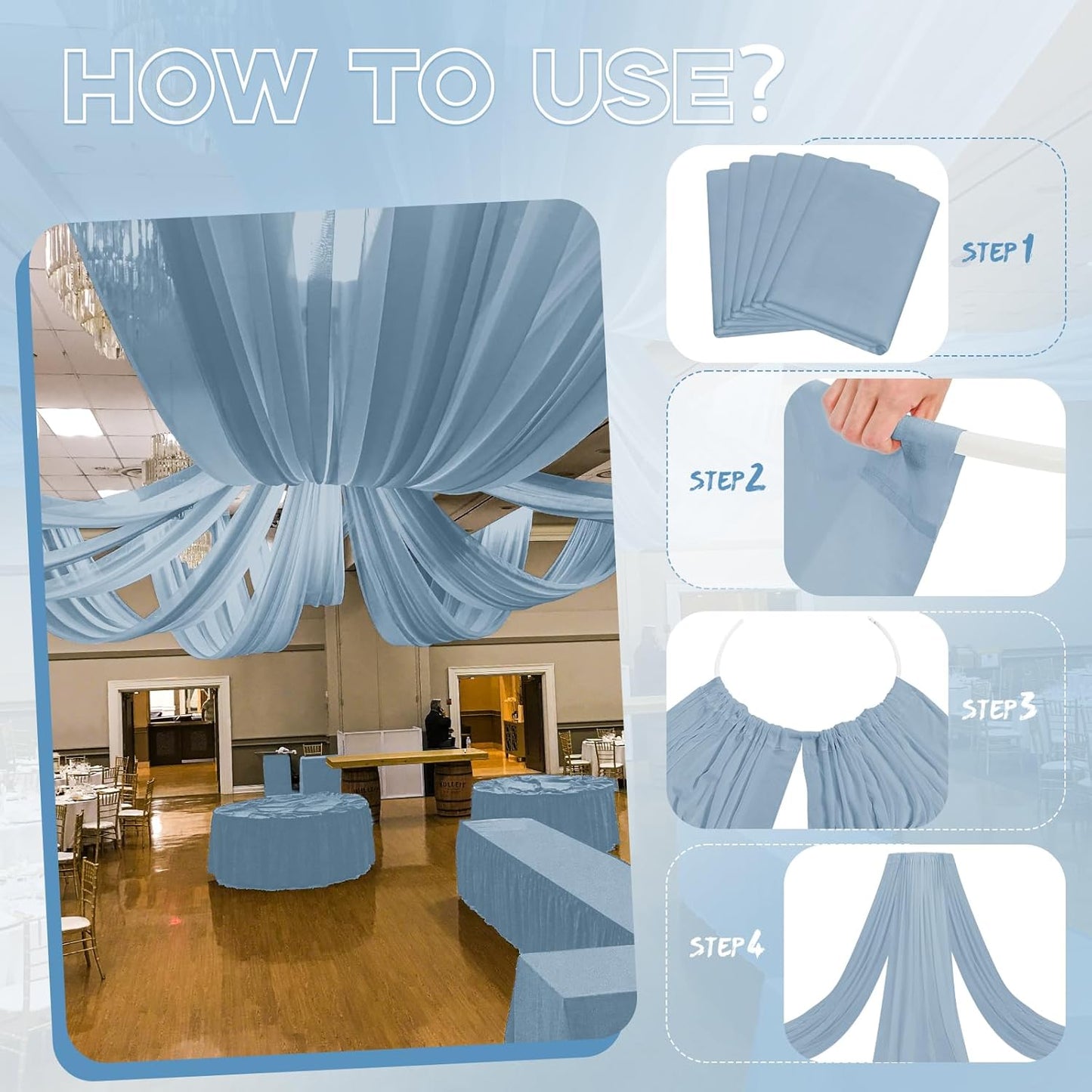 6 Panels Dusty Blue Ceiling Drapes for Wedding 5ftx40ft Ceiling Drapes Wedding Arch Draping Fabric Cheesecloth Sheer Curtain Romantic Ceiling Decorations for Weddings Party Banquet Ceremony Stage