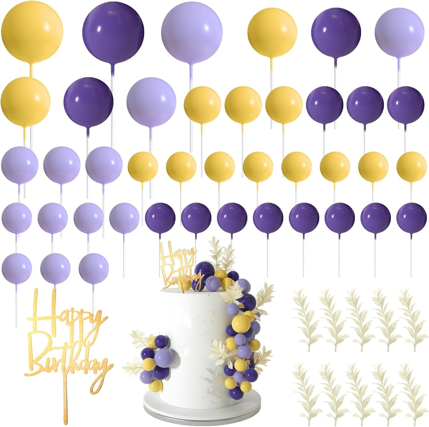 MIAHART Ball Cake Toppers Boho Grass Cake Topper Ball Cake Insert Decoration for Birthday Wedding Baby Shower Party Decorations Boho Themed Party Supplies (Purple,yellow,light purple)