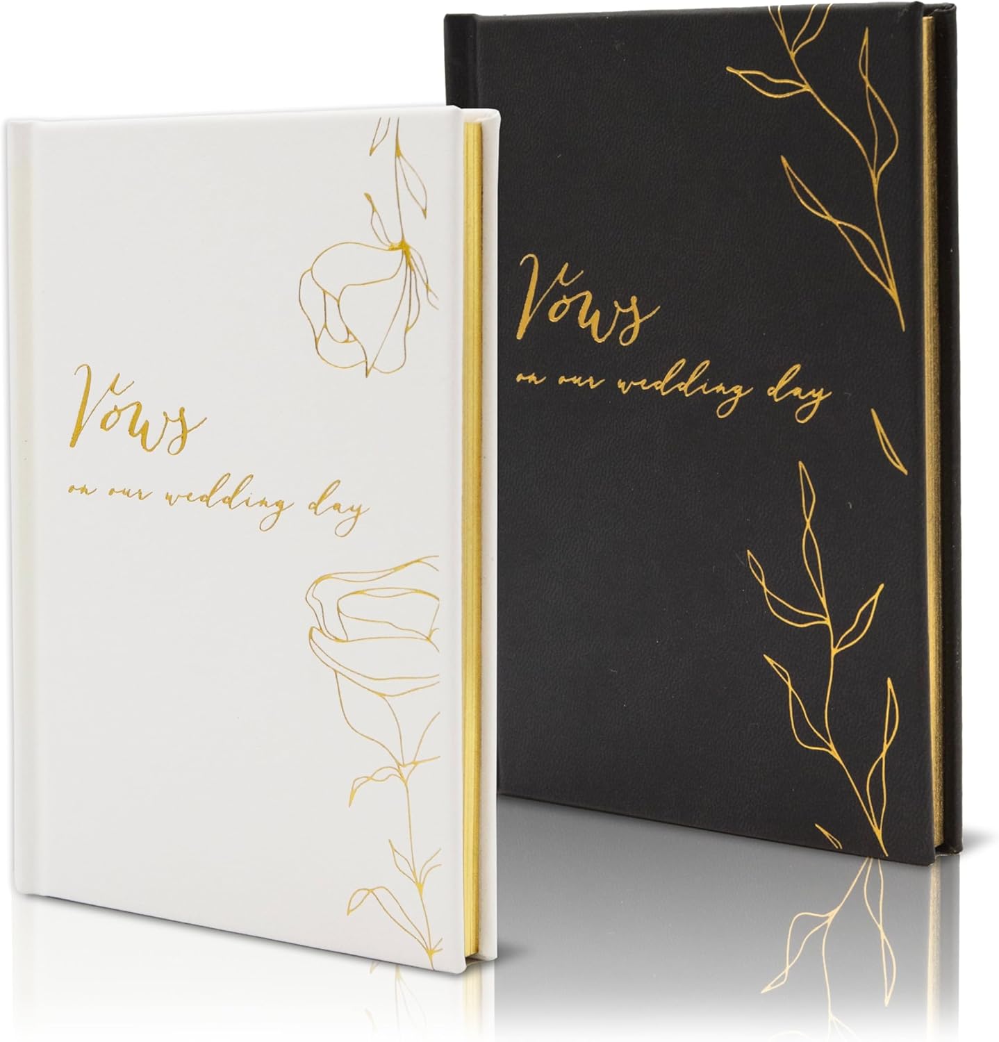 Vows On Our Wedding Day Vow Books (Set of 2) - Black & White Pocket Sized Foil Embossed Foliage Design Wedding Ceremony Vow Renewal Speech Notebook Planner, Gift for Bride & Groom Newly Engaged Couple