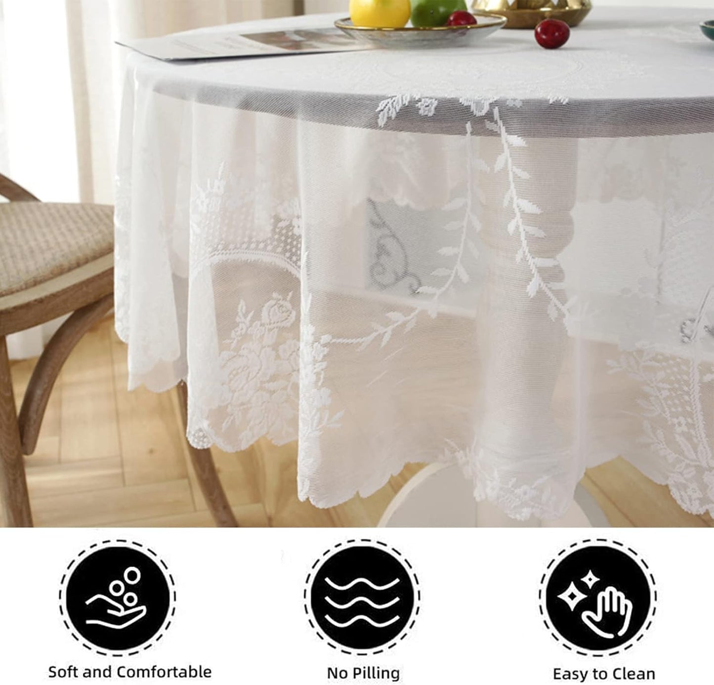 Jeloris Round Lace Tablecloth with Elegant Scalloped Bottom for Any Special Event Such as Wedding, Birthday Party, Baby Shower, Anniversary (48 inch, Style 6)