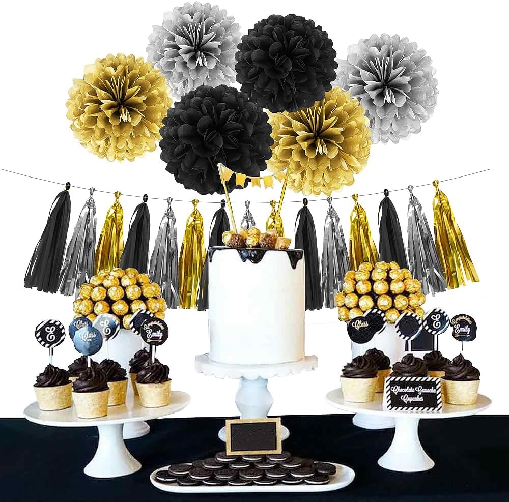 Silver Black Gold Party Decorations - 23pcs Tissue Paper Flowers Pom Poms Tassel Garland Pennant Banner Flags Streamers Birthday New Years Eve Retirement Graduation Classroom Hanging Decor Supplies