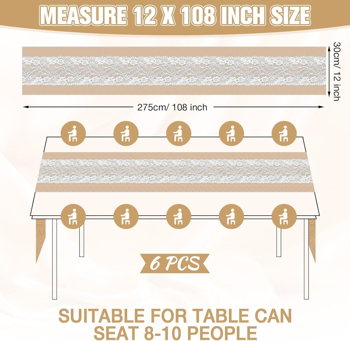 Xinnun 6 Pcs Burlap Table Runner with Lights 12 x 108 Inches Burlap Lace Table Runner Rustic Wedding Decorations Home Party (Flower)