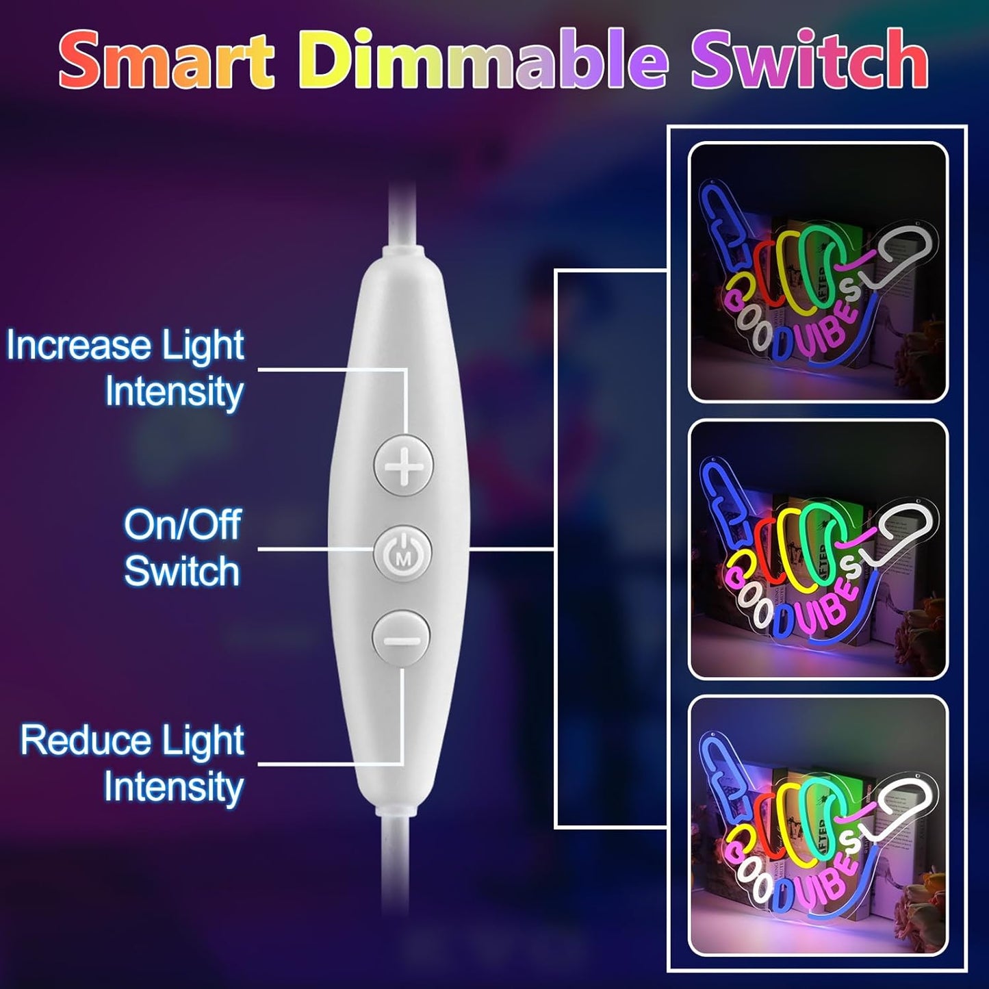 Good Vibes Only Neon Sign for Wall Decor, Niubility Good Vibes Neon Sign, Colorful Light-Up LED Sign, Dimmable USB-Powered Sign with ON/OFF Switch for Bedroom, Nursery, Club, Bar, and Party Decor