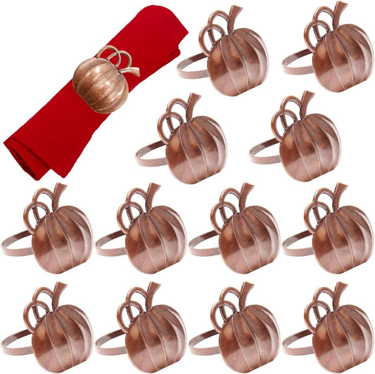 Halatool Pumpkin Napkin Rings Set of 12, Alloy Fall Napkin Rings Thanksgiving Halloween Dinner Tables Holders for Thanksgiving Weddings Holidays Gathering Dinner Party (Bronze)