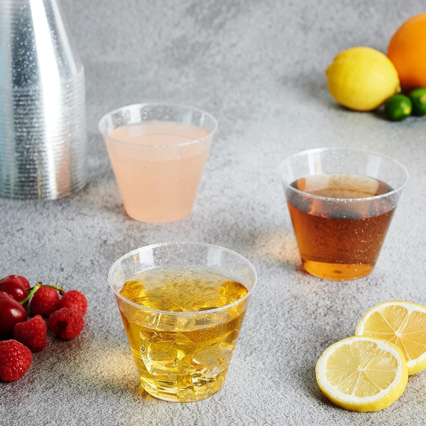 FOCUSLINE 9 oz Silver Plastic Cups, Disposable Clear Fancy Hard Plastic Cups, Silver Glitter, Heavy Duty, Reusable,100 Count