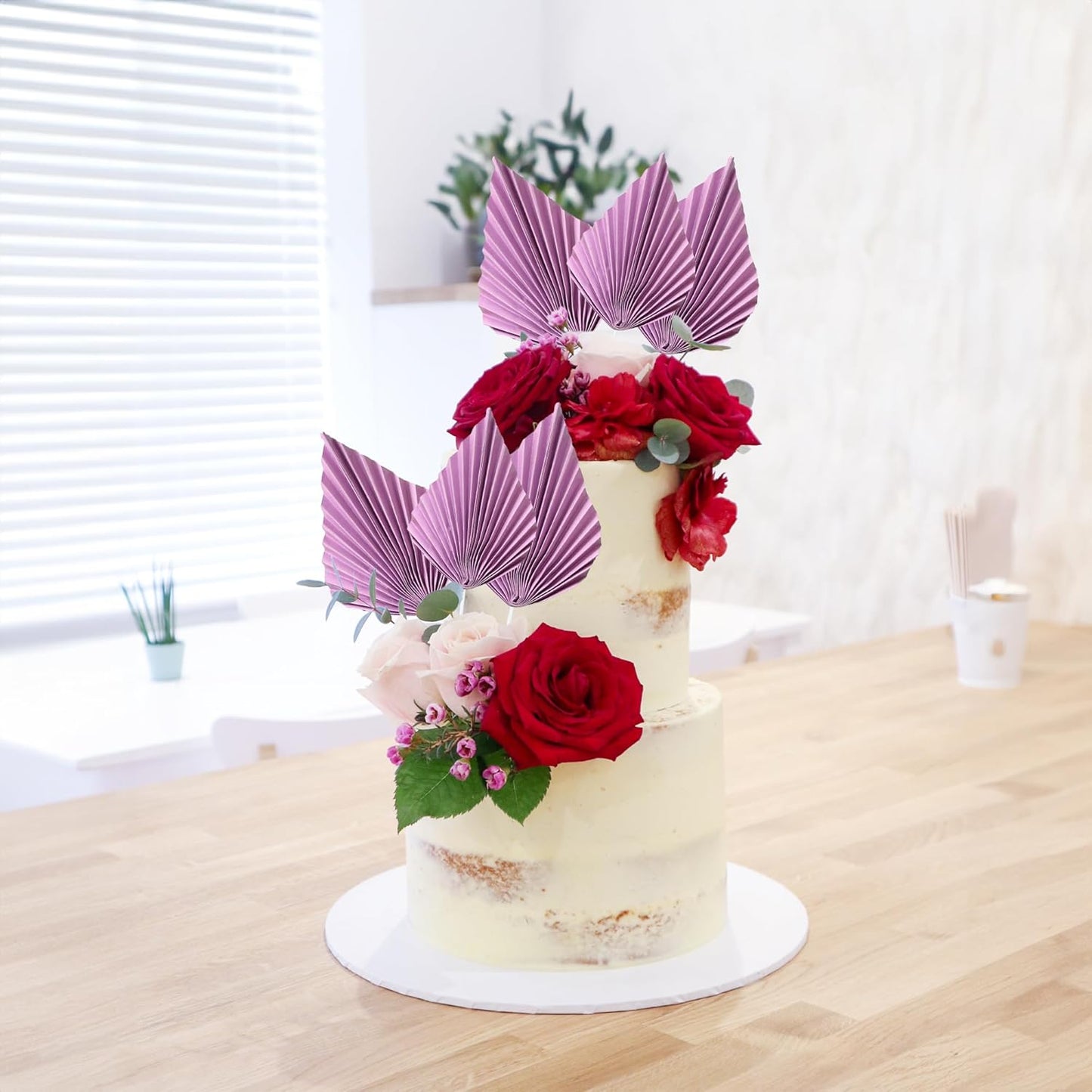 Ephlyn 6Pcs Paper Palm Fan Cake Topper Palm Spear Leaves Fan Cake Pick for DIY Craft Project Home Made Wedding Bridal Shower Birthday Anniversary Party Cake Decorations Purple