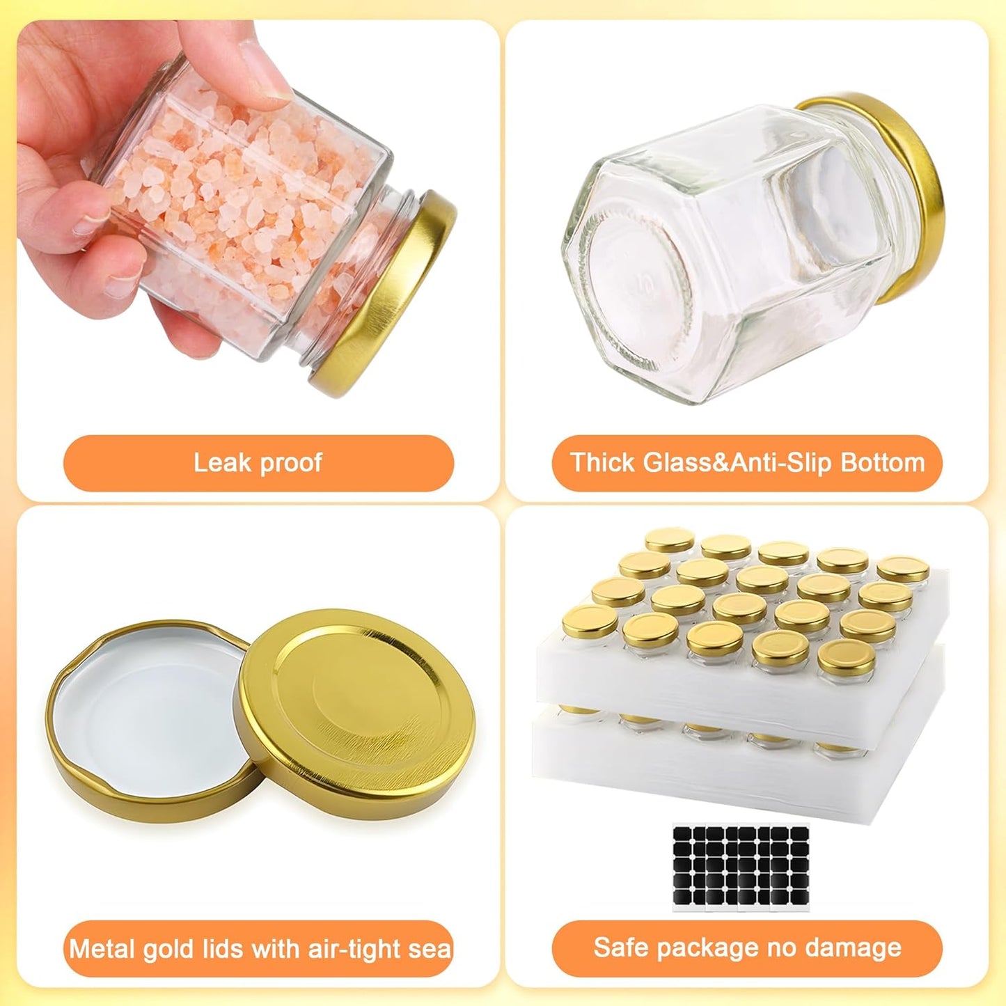 Small Glass Honey Jars with Lids 3oz,40 pack Airtight Glass Canning Jars with Gold Lids,Hexagon Glass Jars for Spice,Jam,Foods,Liquid,Baby Shower Favors,Wedding Favors,40 Labels