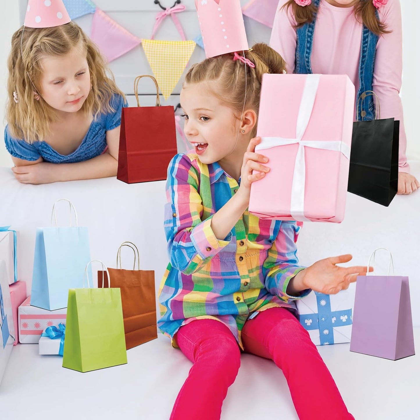 BAG BOX 25 Pack Small 5.9x3.1x8.25 Inch Green Kraft Paper Gift Bags with Handles for Bulk Shopping, Retail, Craft, Party Favors, Wedding, Grocery & Sacks