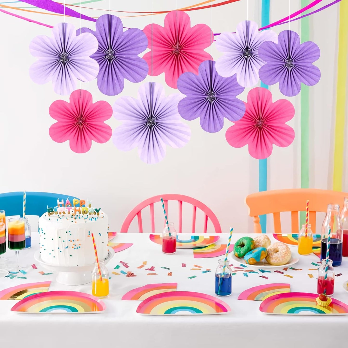 SUNBEAUTY Flower Party Decorations Paper Fans Classroom Decoration Paper Floral Backdrop Decor Paper Fans Decoration Hanging Paper Fans Purple Flower Wall Decor,Set of 9