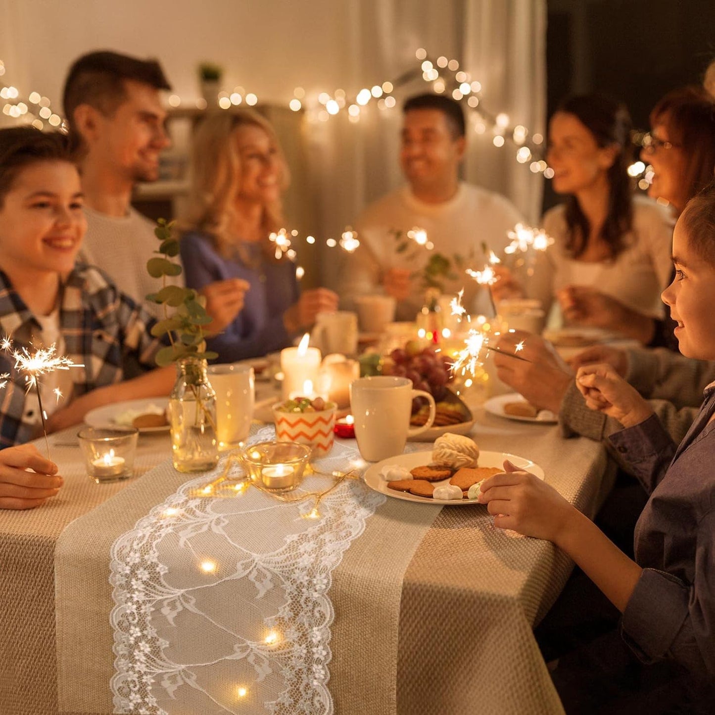 Xinnun 6 Pcs Burlap Table Runner with Lights 12 x 108 Inches Burlap Lace Table Runner Rustic Wedding Decorations Home Party (Vine)