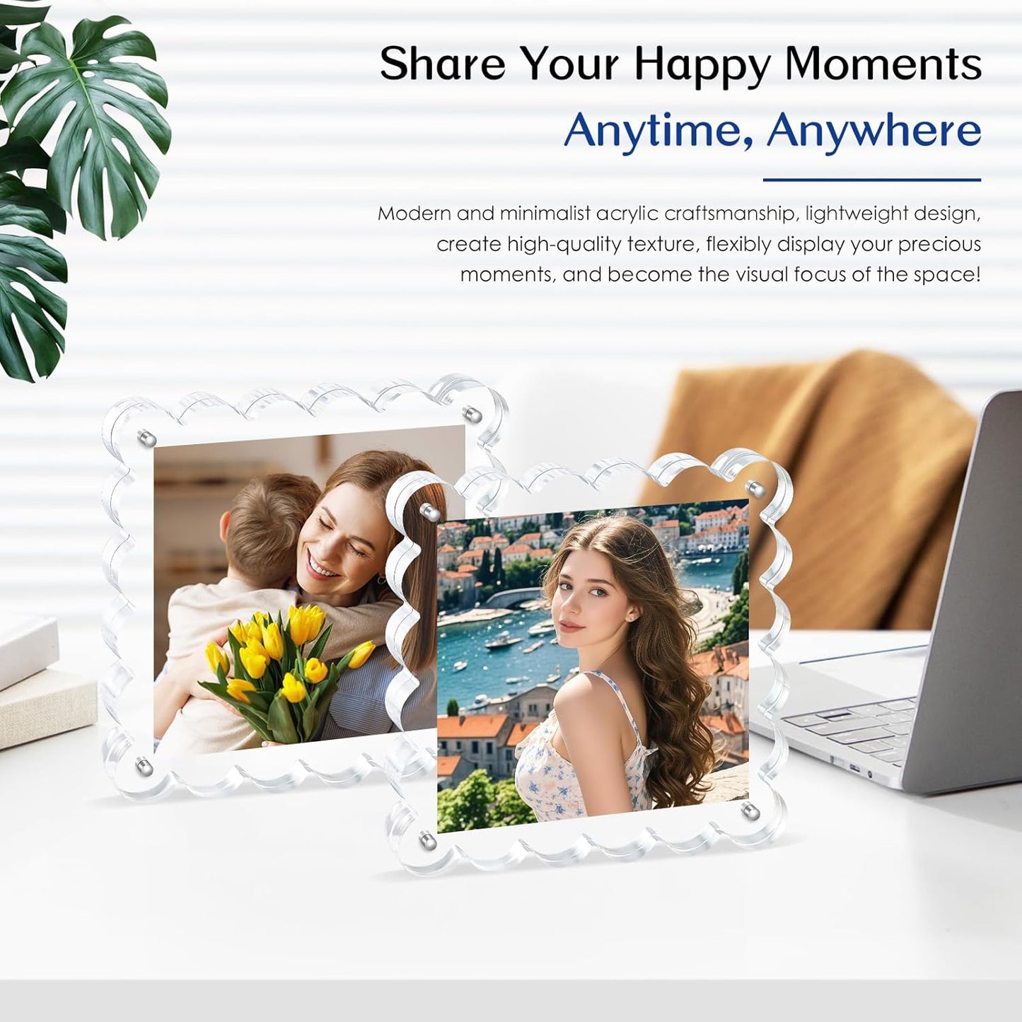 Acrylic Picture Frames. 5×5inch 6Pack - Double-Sided Scalloped Photo Frame, 20mm Ultra-Clear Block, Modern Desktop Display for Home/Office Decor (6 Pack, 5X5)