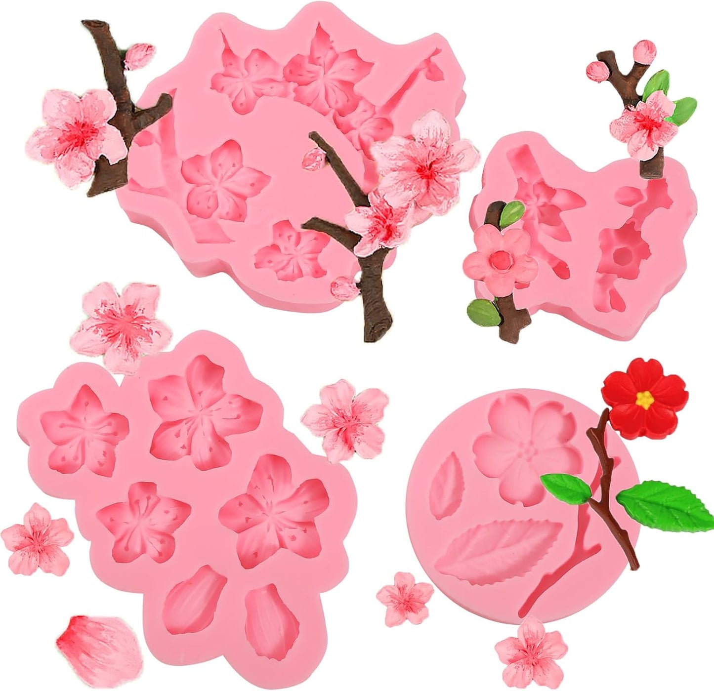 4 Pcs Plum Blossom Fondant Molds, Flower Chocolate Silicone Mold, for Wedding Cake Decoration Cupcake Topper Dessert Table Biscuit Candy Resin Clay Modeling, Reusable Kitchen Baking Mold
