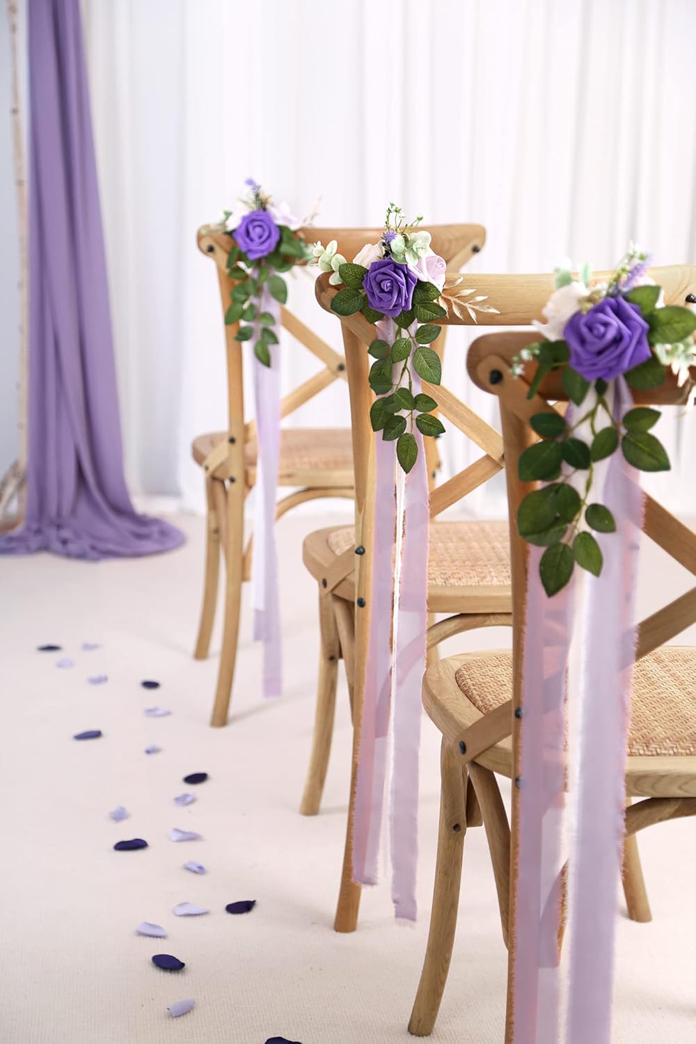 Wedding Aisle Decorations for Wedding Ceremony Set of 10 Pew Flowers for Church Chair Decorations Party Decor with Artificial Flowers Eucalyptus and Ribbons Purple