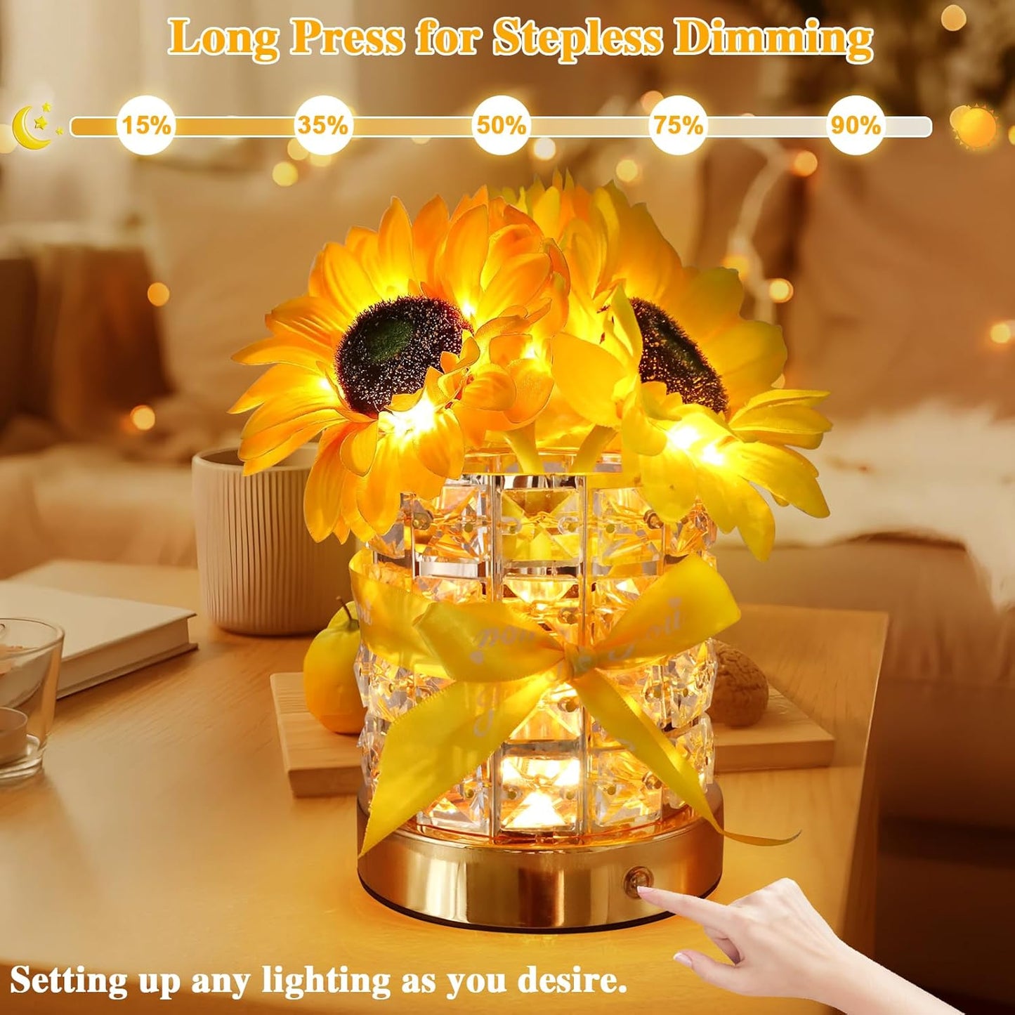 Birthday Gifts for Women/Mom Sunflower Cordless Table Lamp,3 Color Crystal Lamps Touch Bedside Lamps Infinitely Dimming with USB Charge Small Night Light,Nightstand Lamp for Bedroom (Round)