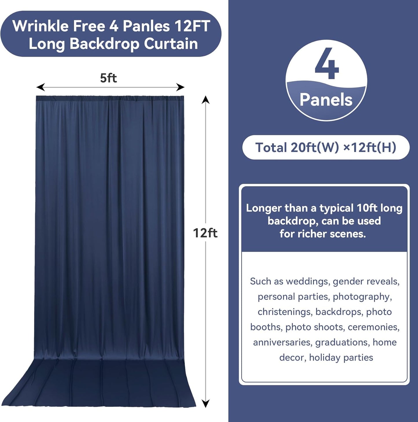 20ftx12ft Wrinkle Free Navy Blue Backdrop Curtain, 4 Panels 12FT Height Navy Blue Wedding Backdrop Drapes, Silky Polyester Back Drop Cloth for Birthday Photography Background Party Backdrop Draping