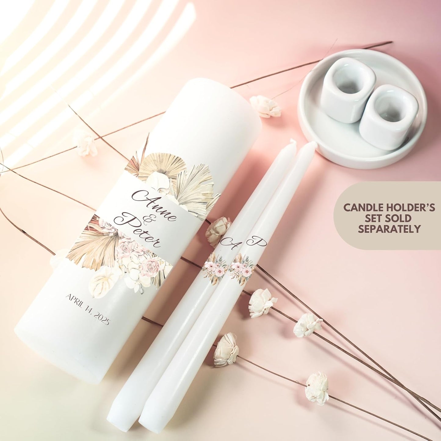 Unity Candles for Wedding, Modern Unity Set, Custom and Personalized Pillar and Taper Candles, Unscented White Premium Wax, Religious and Wedding Ceremony, Special Events (Palm)