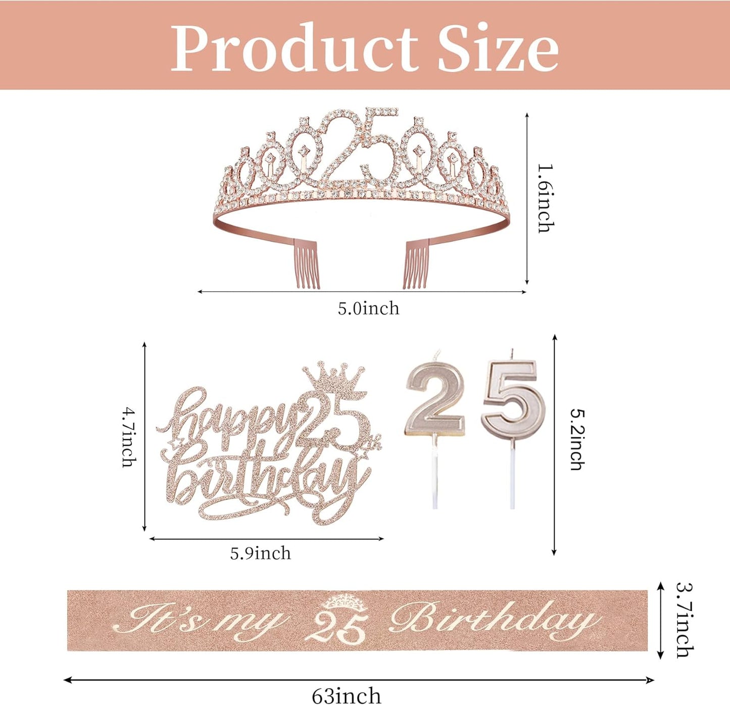 25th Birthday Decorations for Women Including Sash, Tiara/Crown, Numeral Candles and Cake Topper, 25th Birthday Gifts for Women, Rose Gold Party Favor Supplies
