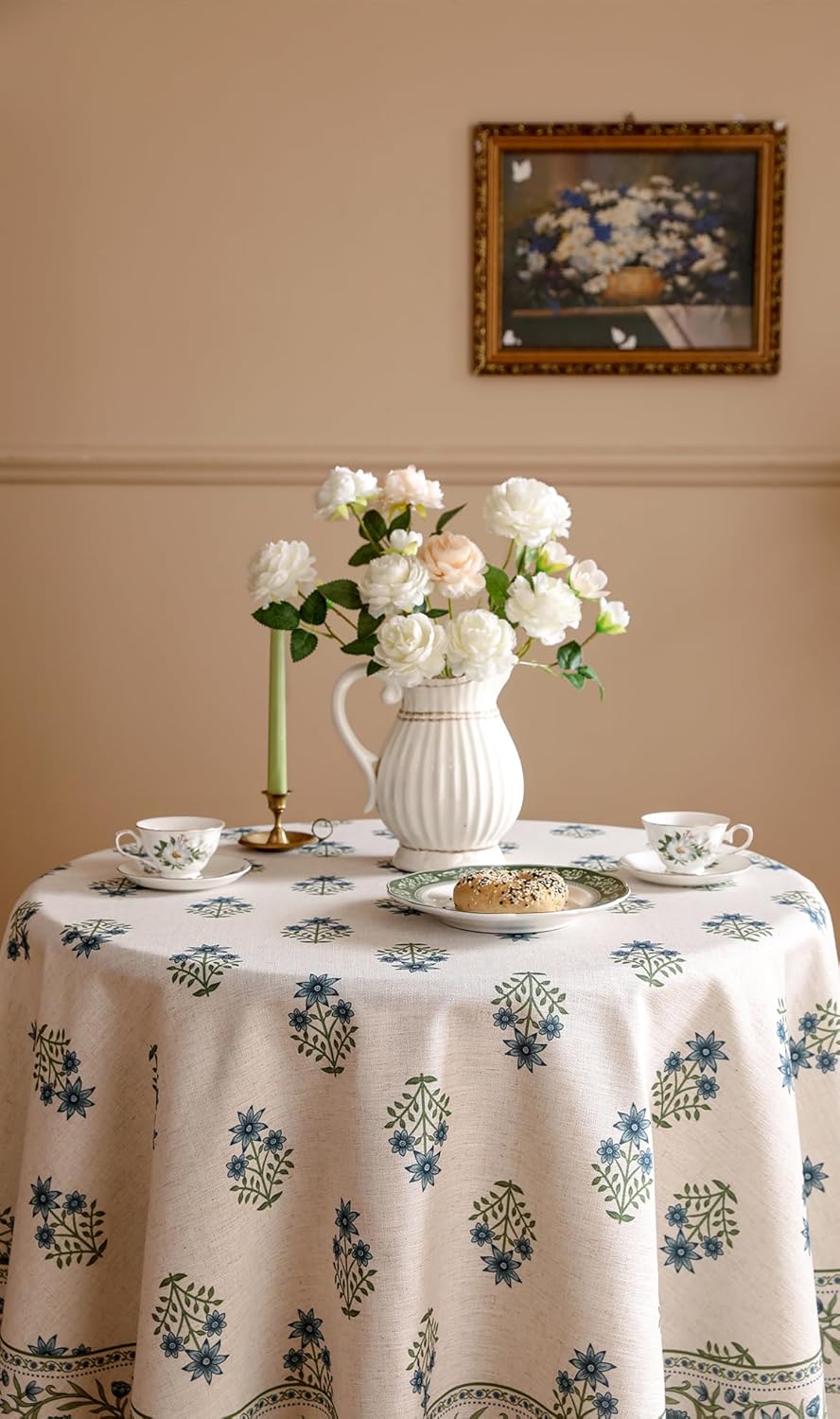 ISAENNE Designer White Linen Round Tablecloth,Chinoiserie Floral Elegant Indoor Table Cloth,Fall Stain Proof Decor Tablecloths for Dining Thanksgiving Kitchen,Diameter 67"-Mosella F