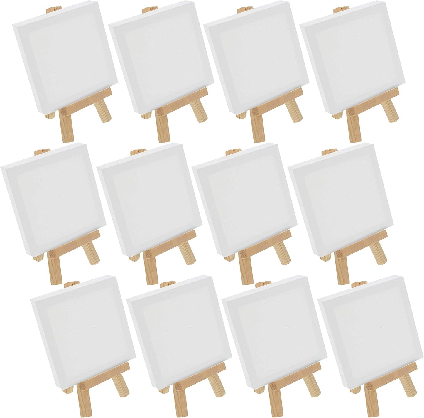 U.S. Art Supply 3" x 3" Stretched Canvas with 5" Mini Easel Kit (12 Pack) - Natural Wooden A-Frame Tabletop Display Stand, Mini Easel Stand - Small Easels for Display, Small Canvases, Crafts, Photos