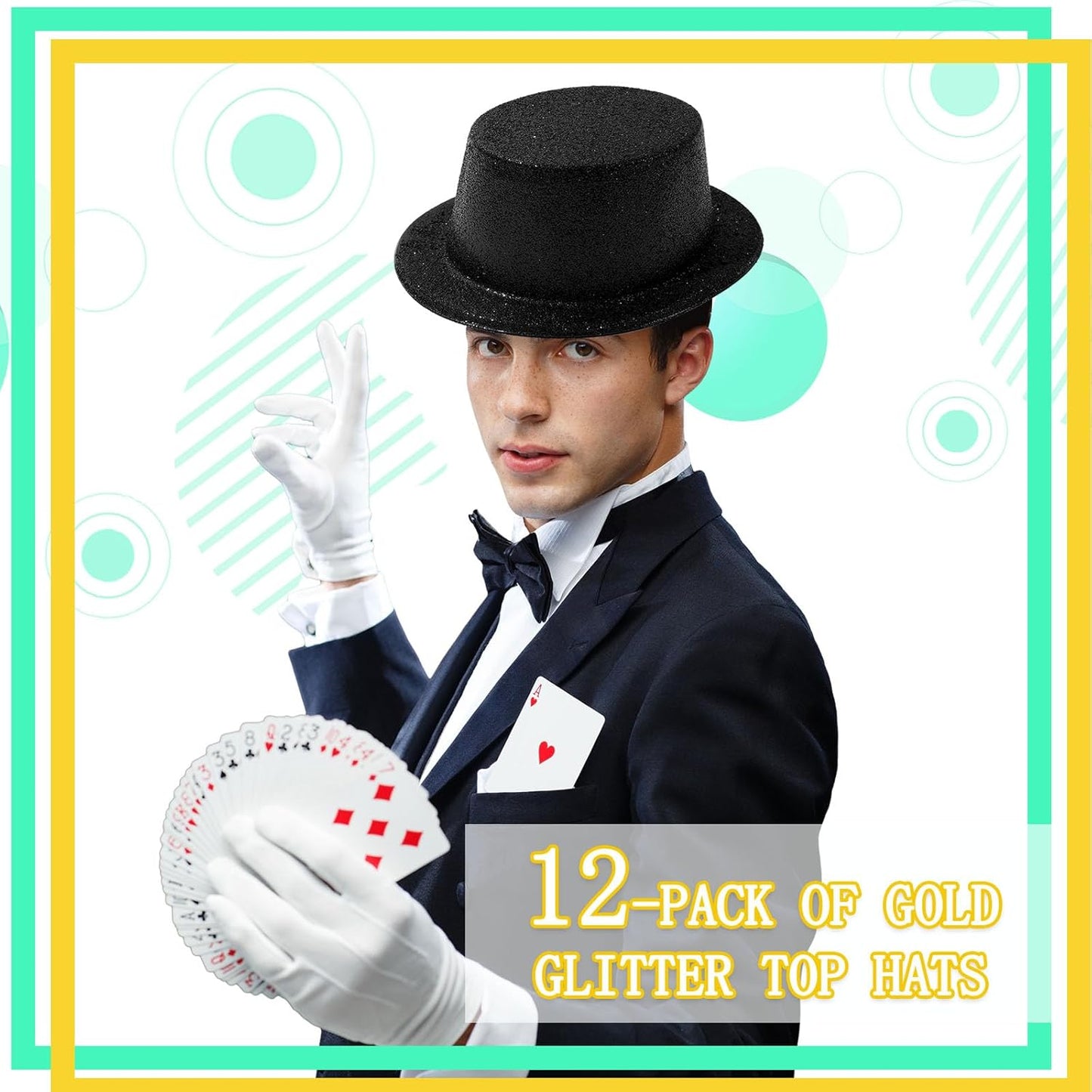 Hillban 12 Pcs Top Hats Halloween Glitter Plastic Retro Disco Party Hats for Halloween Magician Birthday Wedding Carnivals(Black,Classic)