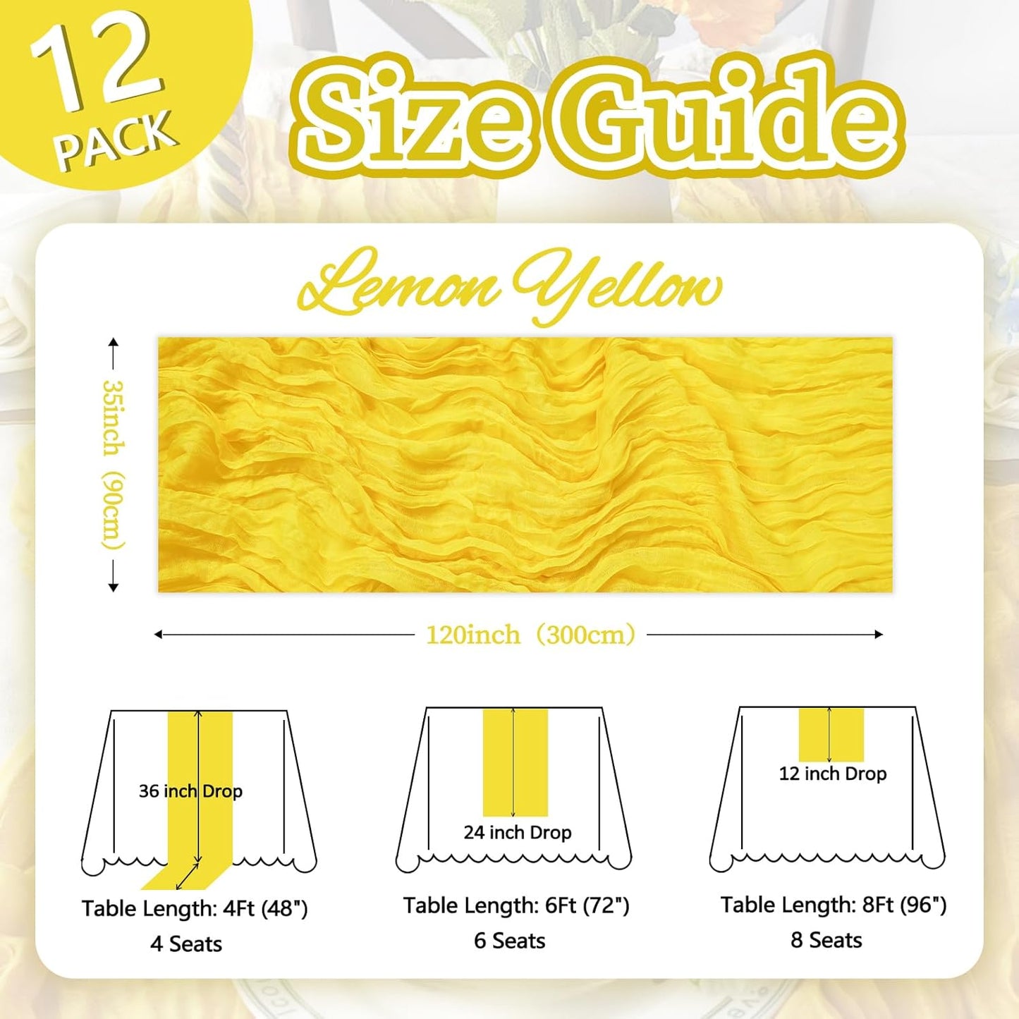 12 Pack Lemon Yellow Cheesecloth Table Runner 10ft Boho Gauze Fabric Cheese Cloth Table Runner 35 x 120 Inch Rustic Sheer for Romantic Wedding Decor Baby Shower Party Table Centerpiece Decoration