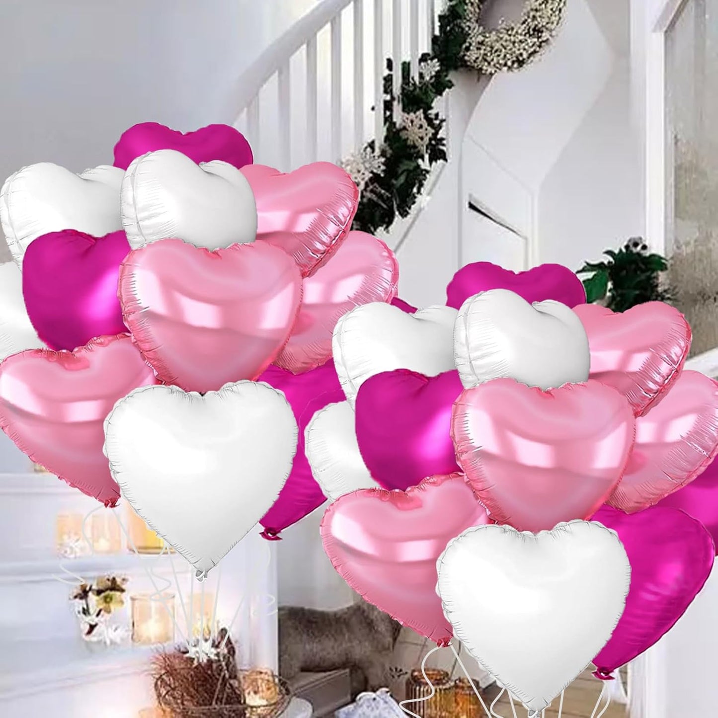 Rose Heart Balloons,18inch Bright Pink Heart Shaped Foil Balloons & White Helium Mylar Balloon for Anniversary Wedding Engagement Birthday Party Baby Shower Decorations(12Pcs)
