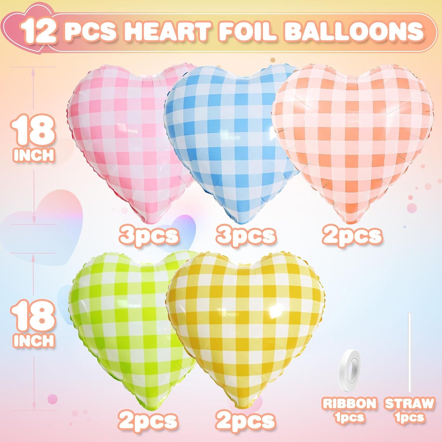 Colorful Checkered Heart Balloons,12Pcs 18Inch Rainbow Grid Heart Shaped Foil Helium Polyester Film Balloons for One Silly Goose Birthday Baby Shower Party Decorations