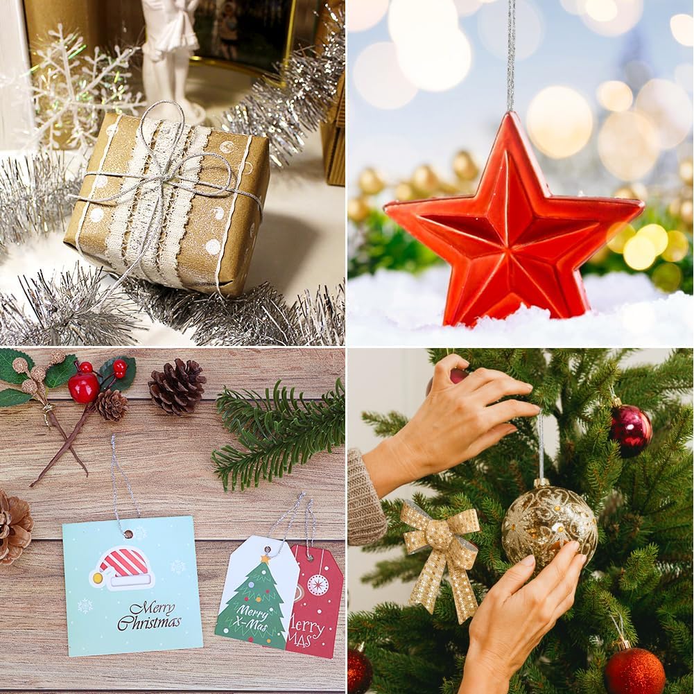 Tenn Well Metallic Silver Twine, 328 Feet 1mm Craft String for Gift Wrapping, Christmas Ornaments, Holiday Decorations, DIY Crafts