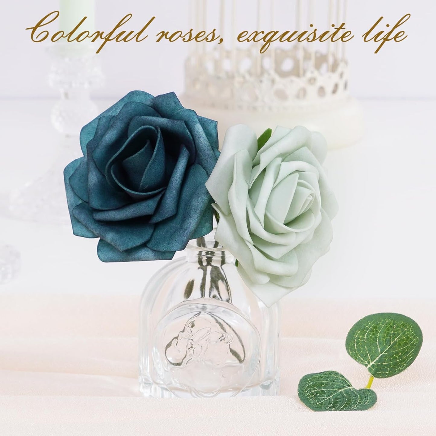 BLEUM CADE 36Pcs Artificial Flowers Fake Roses with Stems, Gradient Misty Blue Boxed Foam Roses for DIY Bouquets Centerpieces Wedding Party Arrangement Bridal Shower Decor