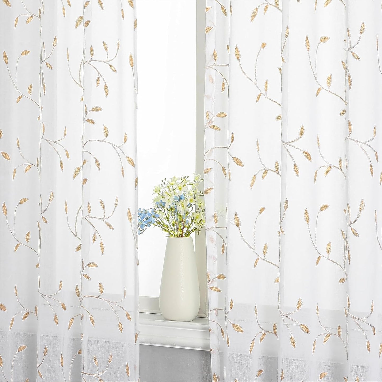 VISIONTEX White Sheer Voile Curtains, Decorative Orange Leaves Embroidery Faux Linen Rod Pocket Window Drapes for Home Kitchen, Living Room and Bedroom 54 x 72 Inch, Set of 2 Curtain Panels