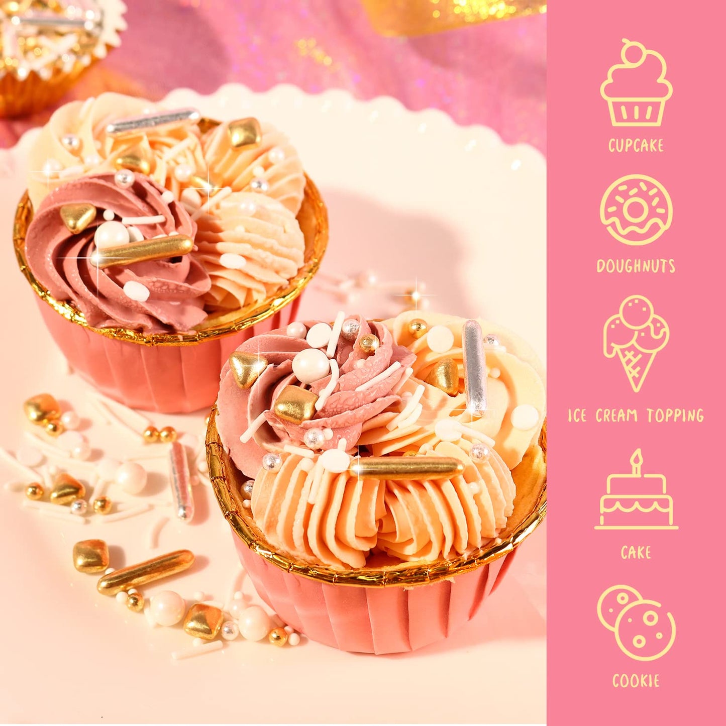 White Deluxe Gold Sprinkles for Cake Decorating 7ounce - Gold Sugar Pearl Metallic Sprinkles for Cupcake Toppers, Ice Cream, Candy, Cookie Decorations - Jimmies, Confetti for Wedding Party Celebrations