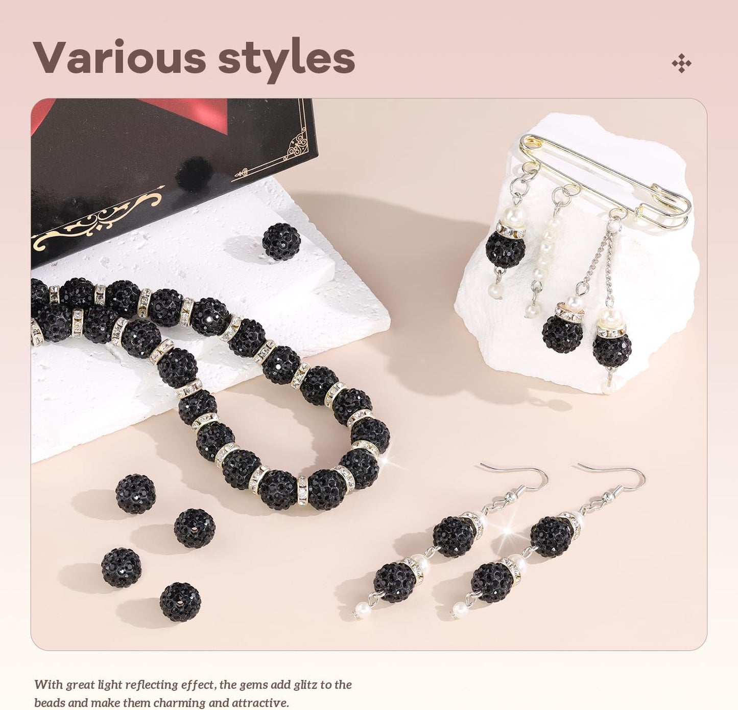 160pcs 10mm Rhinestone Beads for Jewelry Making, Black Shiny Round Disco Ball Beads Bulk, Sparkle Crystal Clay Christmas for Bracelet Baseball Necklace Earring Crafting and DIY