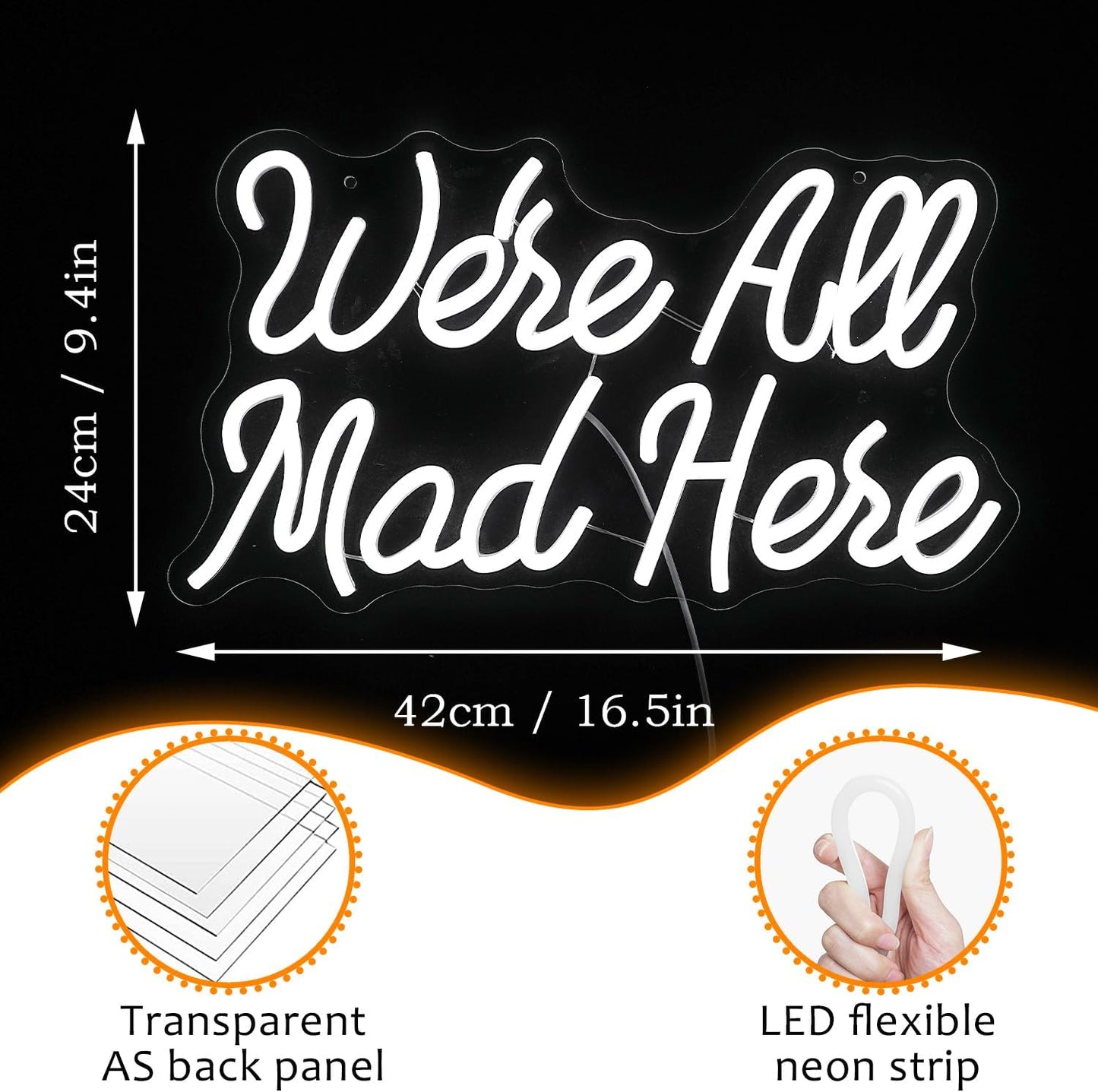 We Are All Mad Here Neon Sign Letter LED Neon Lights Dimmable USB Powered 16.5’’X9.4’’Cool Wall Decorative Light Bedroom Bar Birthday Party Decoration Gifts （White）
