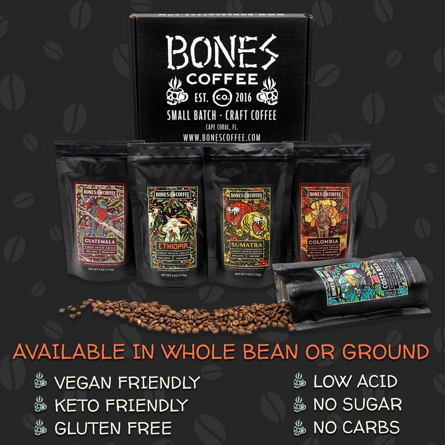 Bones Coffee Company NEW World Tour Sample Pack, Single-Origin Flavored Coffee Medium Roast Arabica Beans Specialty Coffee Gifts Compatible Auto Drip and French Press, 4 oz Pack of 5 Whole Bean