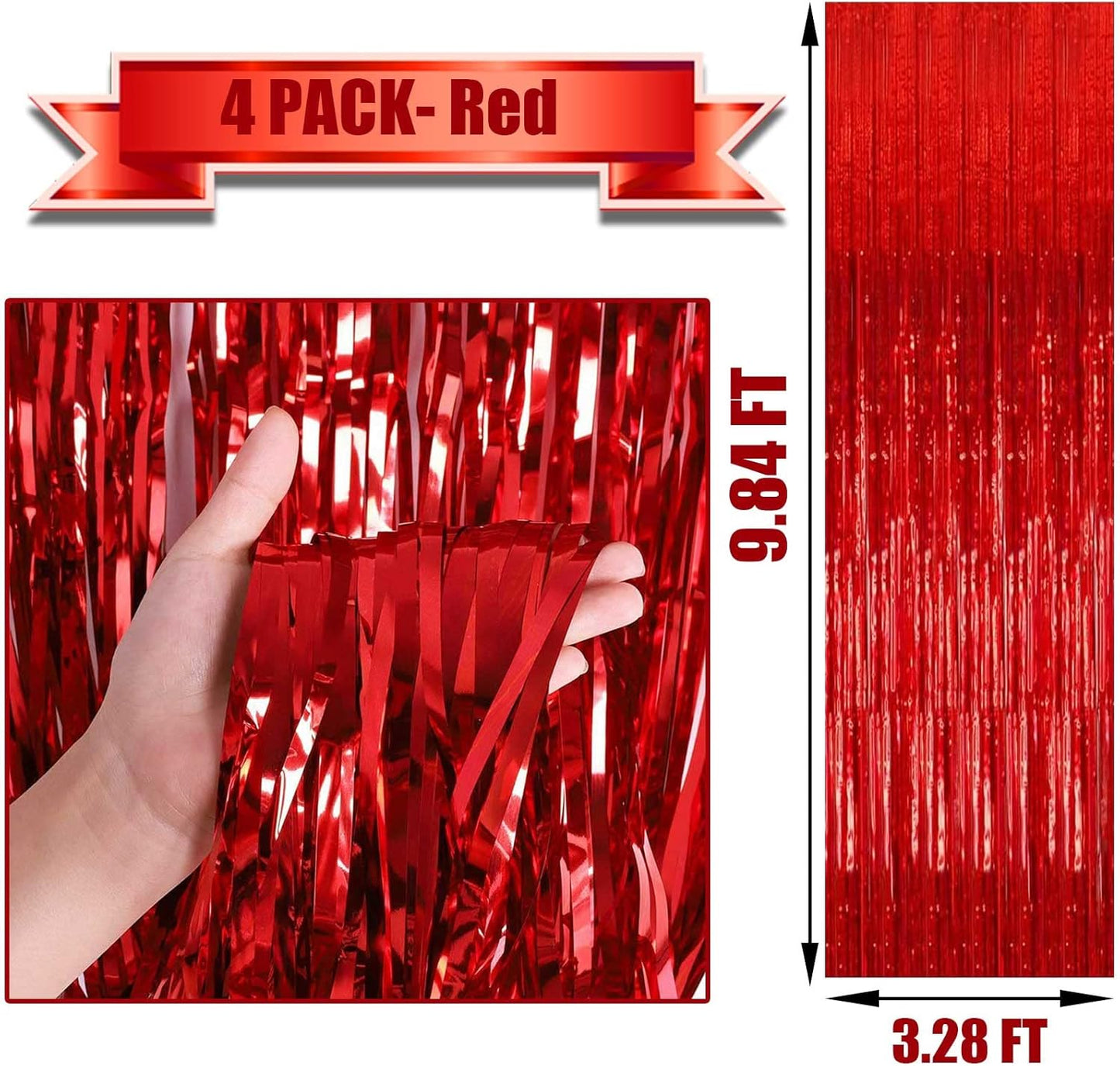 4 Pack Red Foil Fringe Curtain Backdrop, 3.28Ft x 9.84Ft Metallic Tinsel Foil Fringe Streamers Curtains for Party, Photo Booth Props, Birthday, 2022 Graduation Decoration Supplies