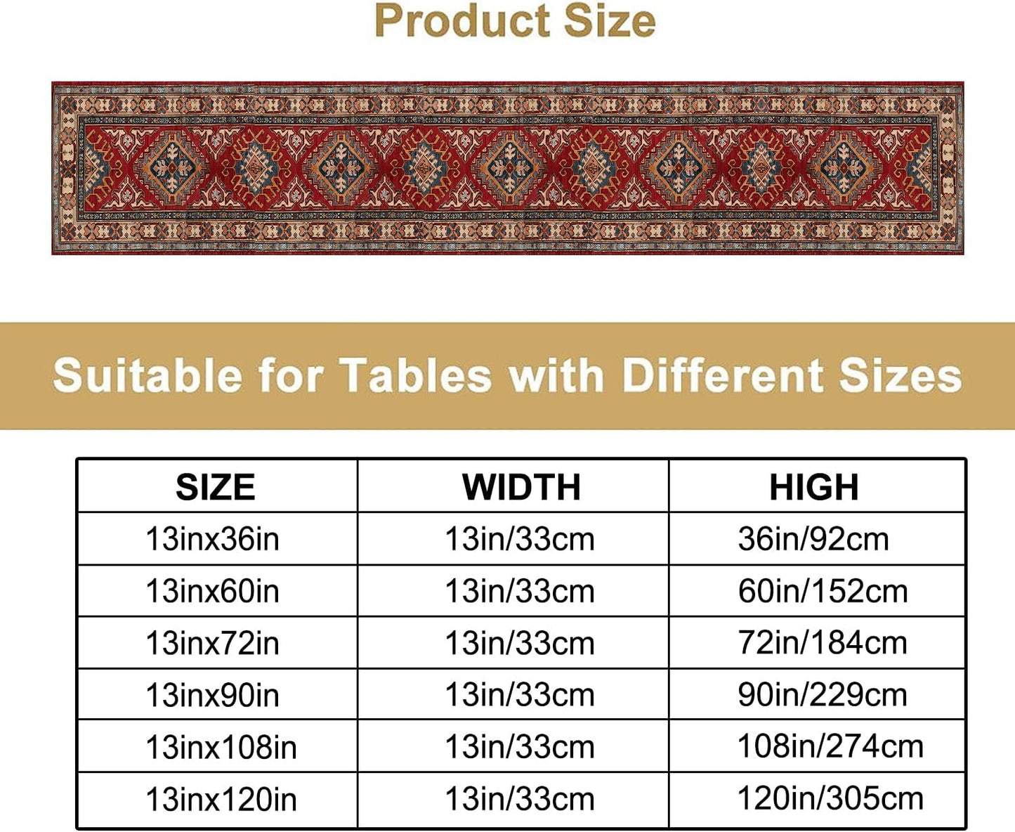 Boho Floral Vintage Table Runner, Red Grey Retro Flower Rustic Country Farmhouse Abstract Pattern for Home Kitchen Table Decor Dining Coffee Room Party Decor 13x90in