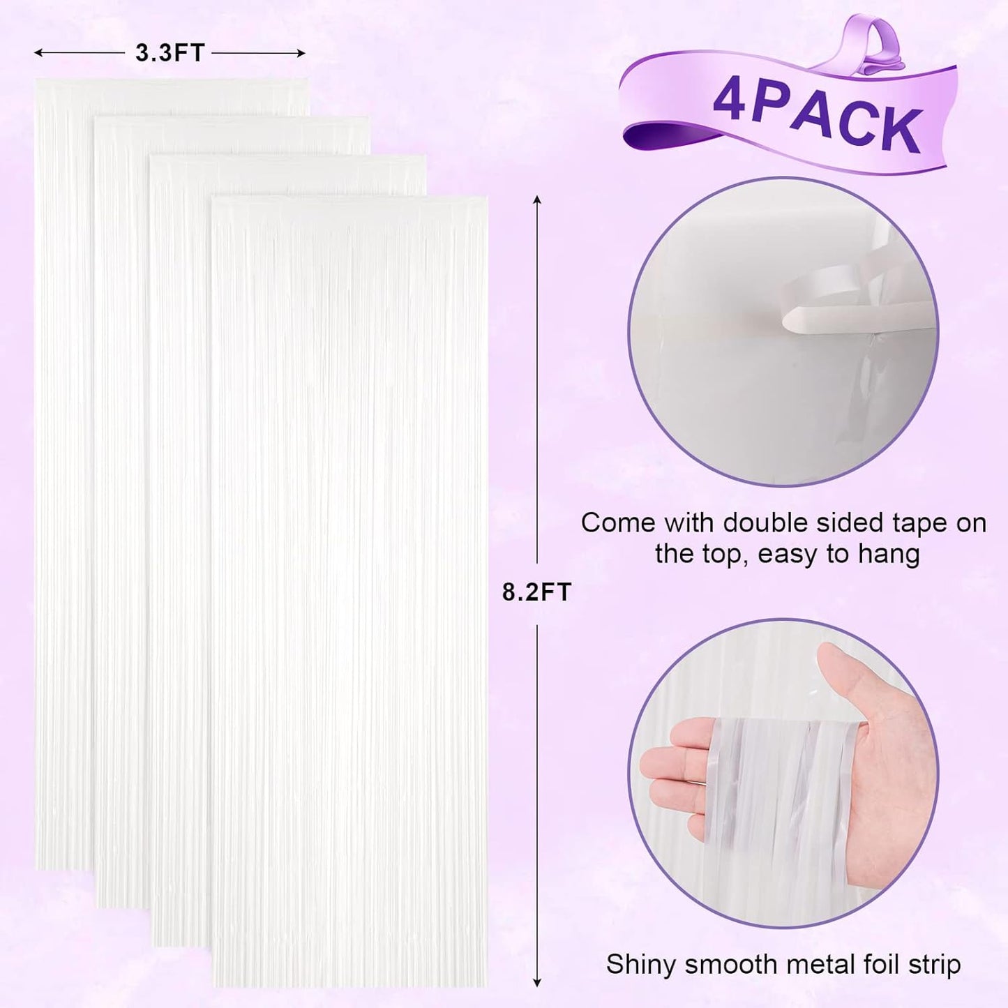 4 Pack White Foil Fringe Backdrop Curtains, Tinsel Streamers Birthday Party Decorations, Fringe Backdrop for Graduation, Baby Shower, Gender Reveal, Disco Party
