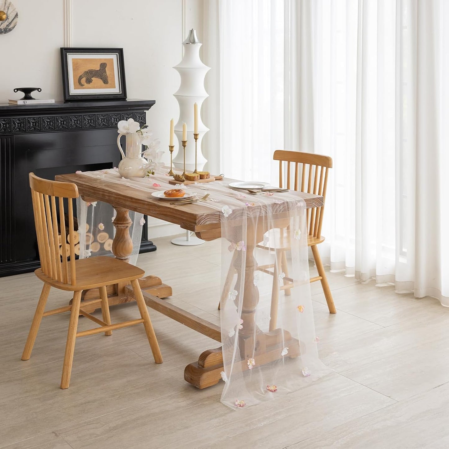 Romantic Artificial Floral Table Runner 10ft Gauze Tulle Lace Table Runner Set for Wedding Baby Shower Bridal Shower Holiday Kitchen Dining Table Decoration for Home Party Special Occasion (2Pcs)