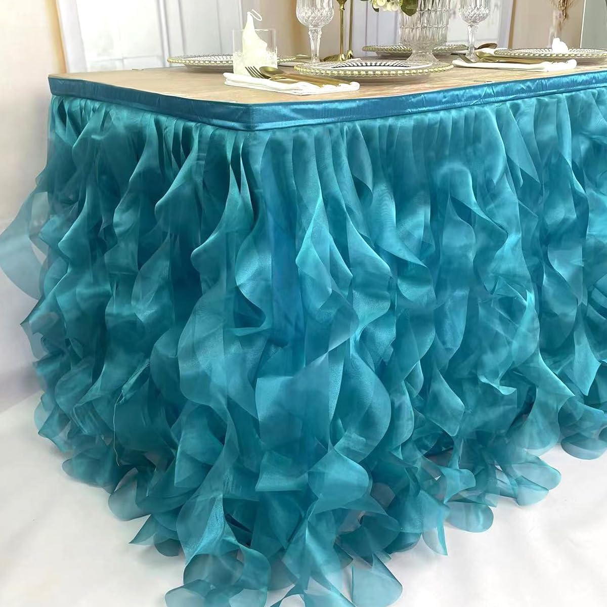 Luxury Organza Mesh Table Skirt Draping Floating Romance - Perfect for Bridal Showers, Birthday Weddings - Clear Flowing Decoration for a Wonderful Main Cake Table (Teal Blue-6ft, 72"Lx30"H)
